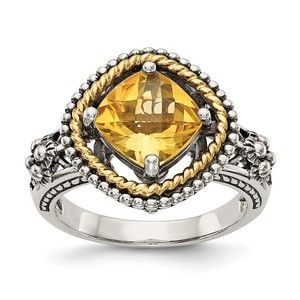 Sterling Silver 14K Accent Antiqued Cushion Citrine Nov. Birthstone Ring Size 6